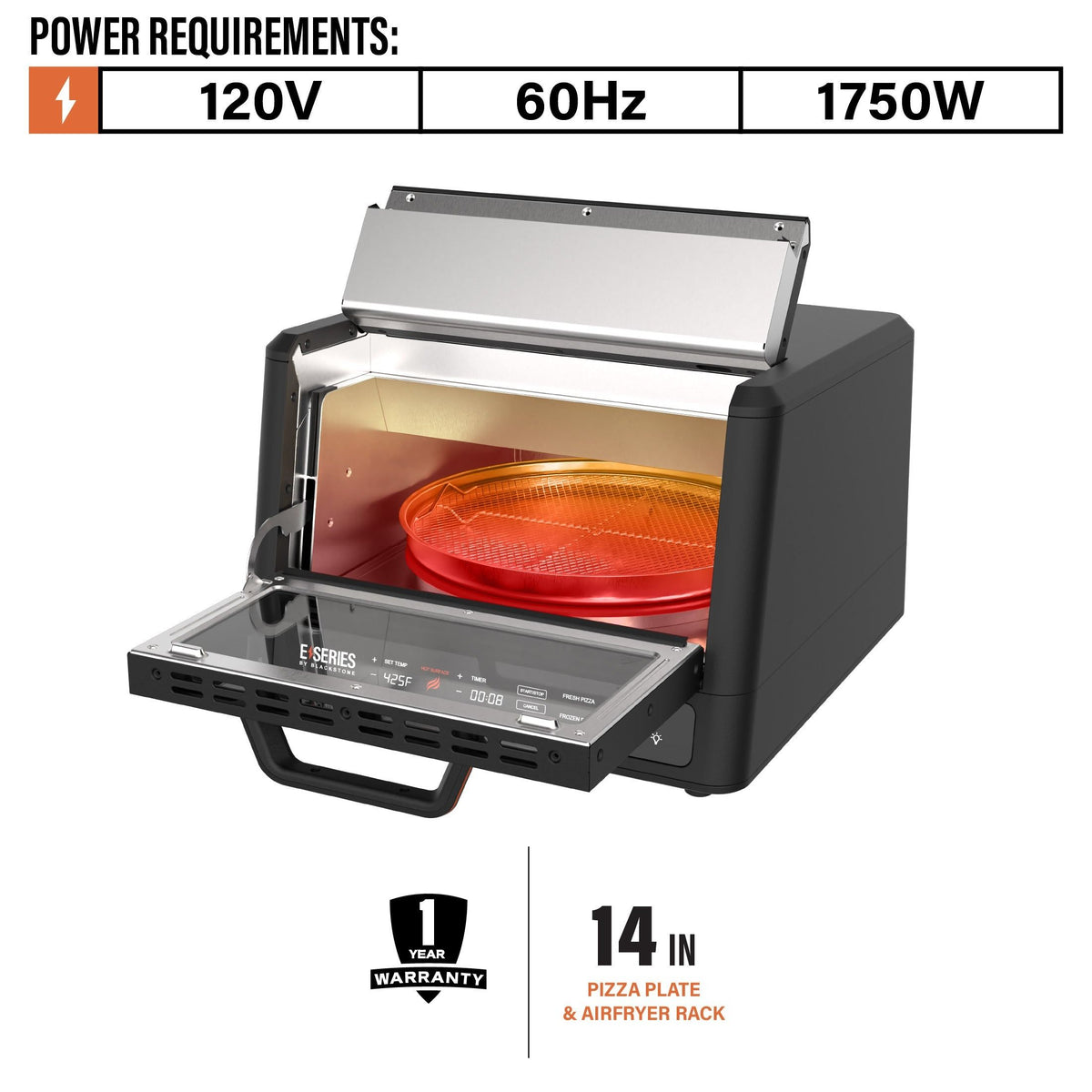 Blackstone E-Series Air Fryer/Pizza Oven with open door showing red pizza plate inside and digital controls.