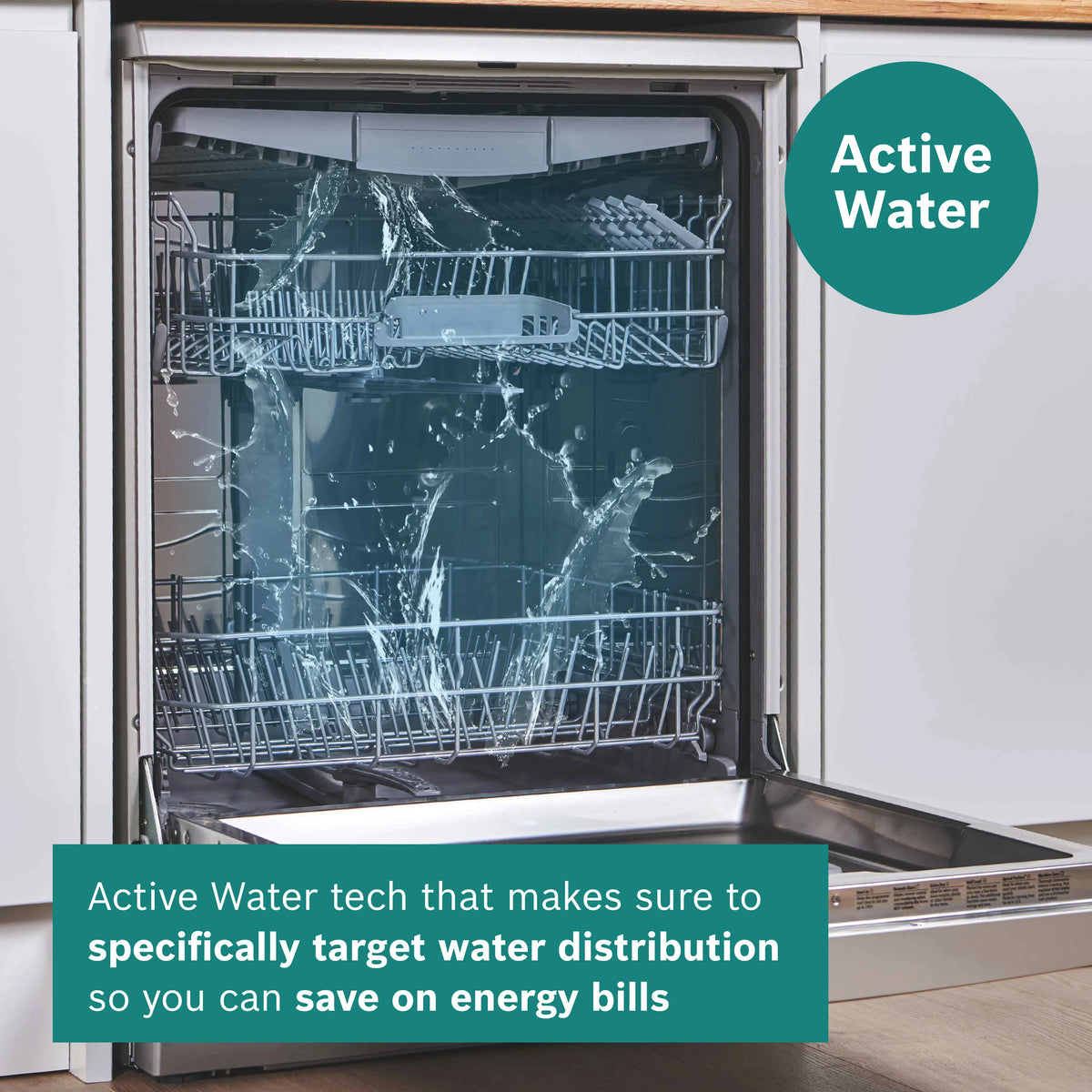 Open Bosch Series 4 fully integrated dishwasher showing empty racks and water spray inside