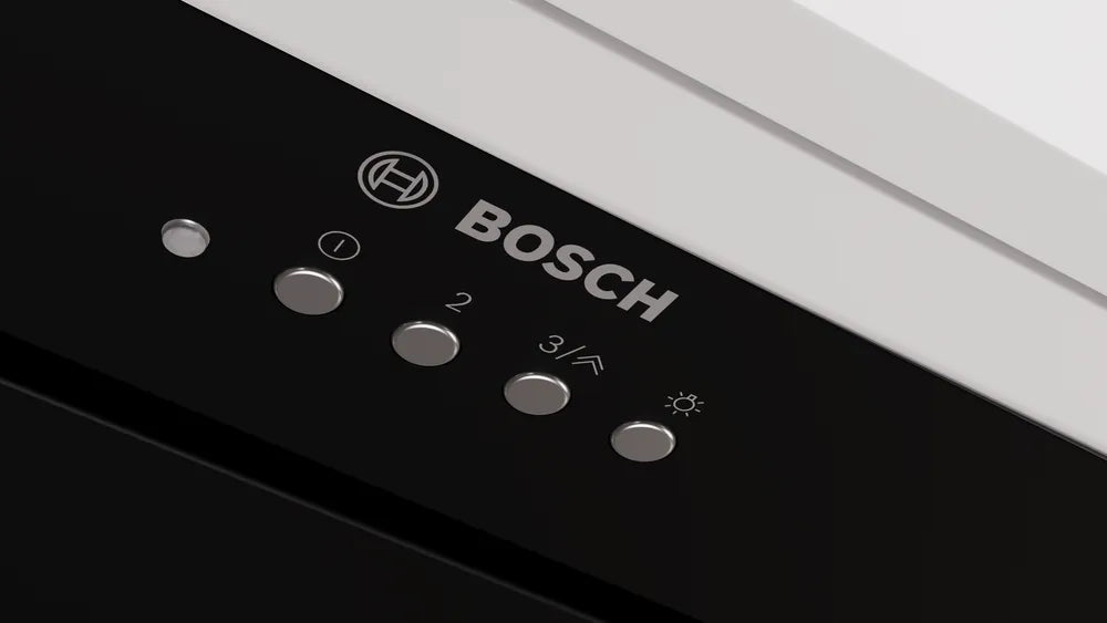 Close-up of Bosch Series 6 black canopy cooker hood control panel with buttons and logo.