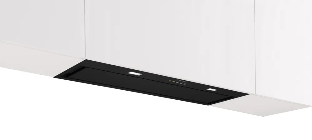Bosch Series 6 black 86cm built-in canopy cooker hood installed under white kitchen cabinets with LED lights on.