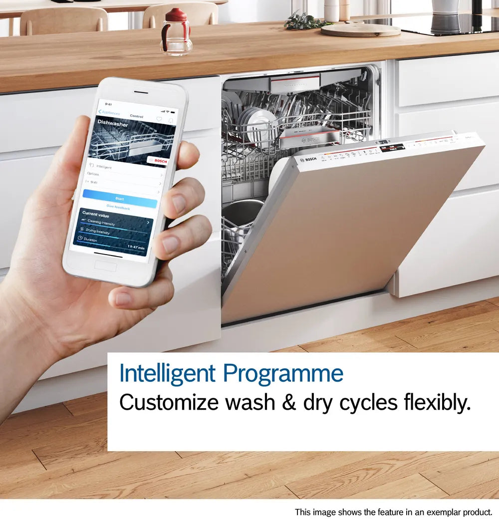 Open Bosch Series 6 dishwasher in brushed steel with smartphone app controlling wash settings.