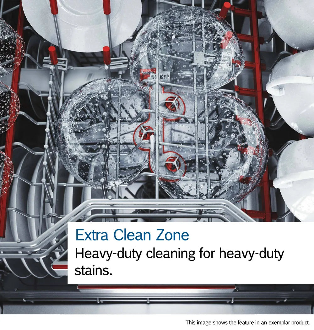 Inside view of Bosch Series 6 dishwasher showing water jets cleaning dishes in the Extra Clean Zone.