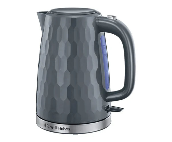 Russell Hobbs 1.7L Grey Honeycomb Kettle with rapid boil, perfect pour spout, 360° base – available at Keans Claremorris.