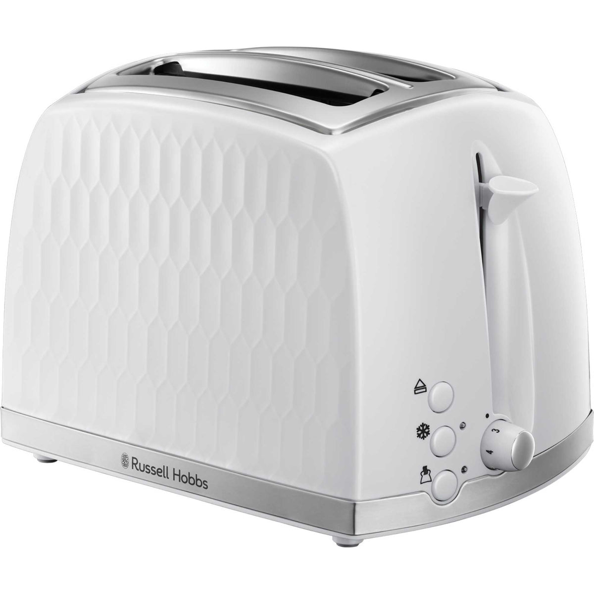 Russell Hobbs Honeycomb white 2-slice toaster with textured sides, control buttons, and browning dial visible