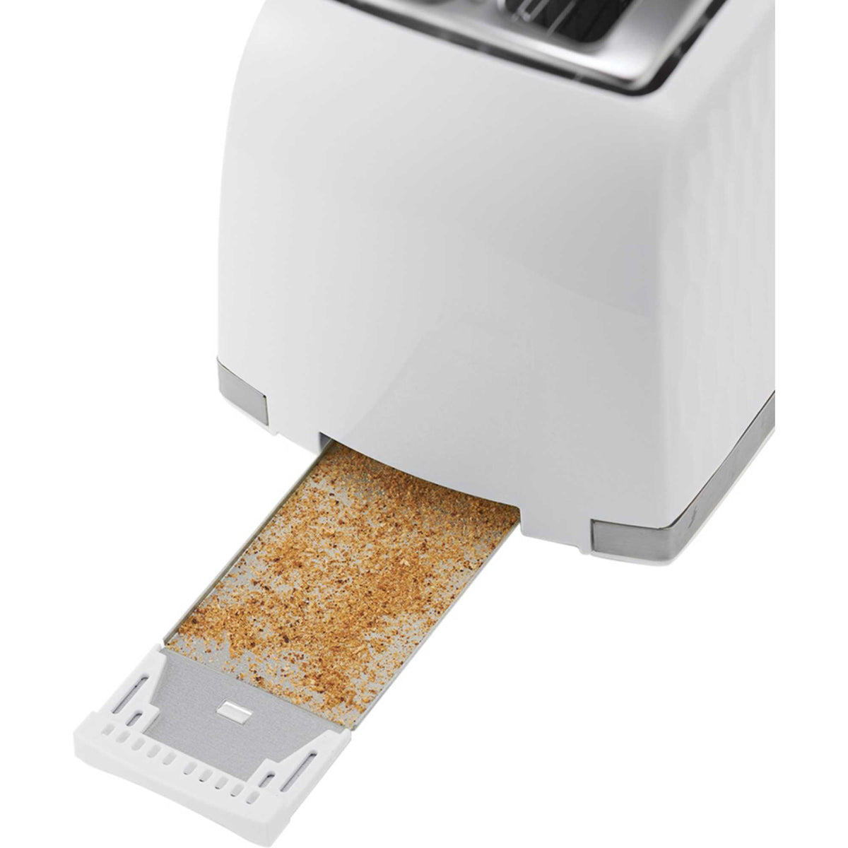 White Russell Honeycomb Hobbs toaster with crumb tray extended showing toasted bread crumbs.