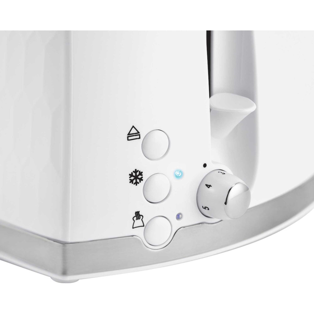 Close-up of white Russell Honeycomb Hobbs Toaster control panel with buttons and browning dial.