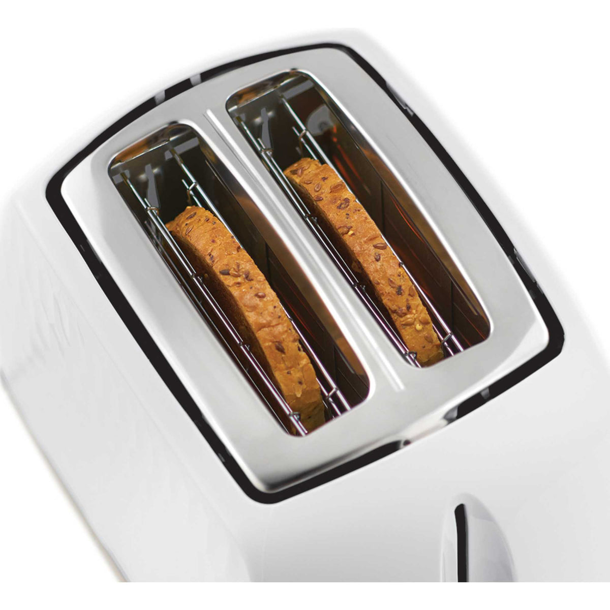 Close-up of white Russell Honeycomb Hobbs toaster with two slots holding seeded bread slices.