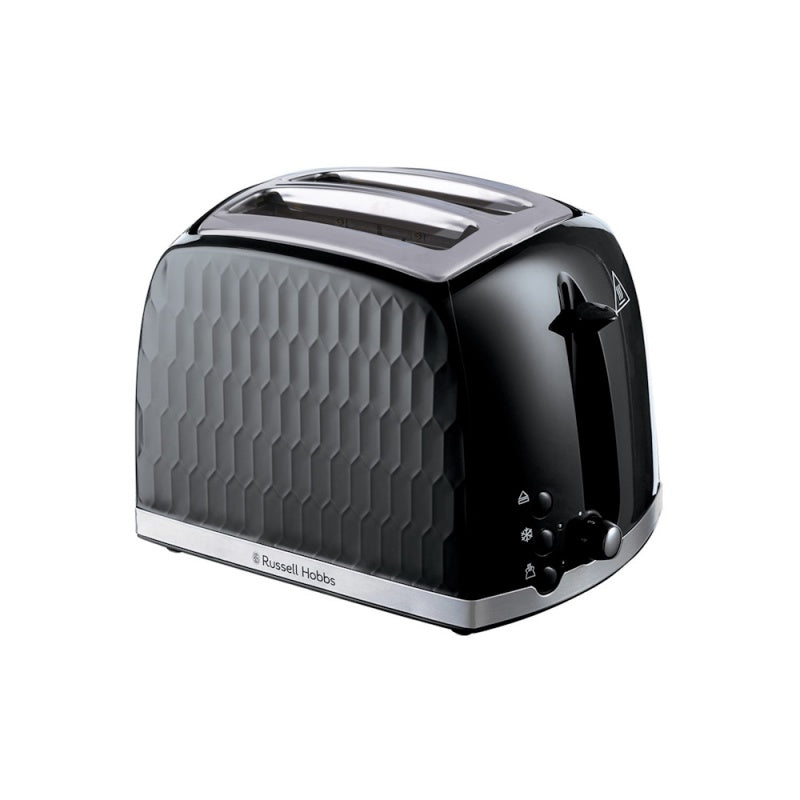 Russell Hobbs Honeycomb 2-slice toaster in black with textured honeycomb sides and stainless steel accents, side controls