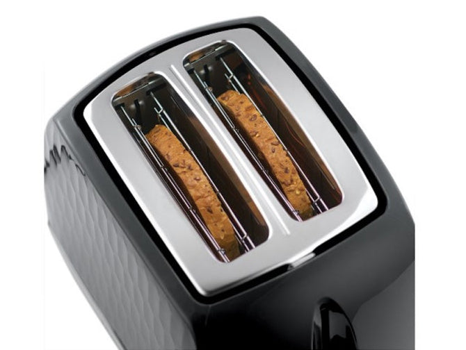 Russell Honeycomb Hobbs black toaster with two slots, each holding a slice of bread.