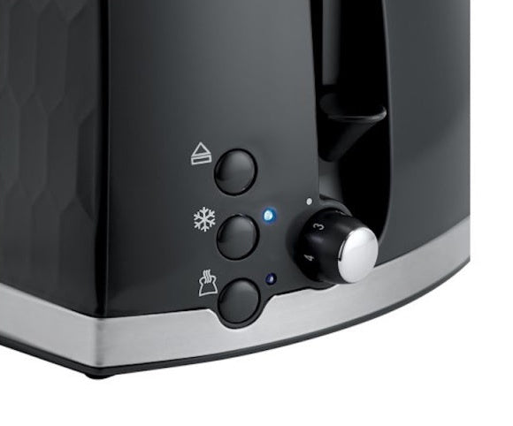 Close-up of black Russell Honeycomb Hobbs Toaster control panel with buttons and browning dial