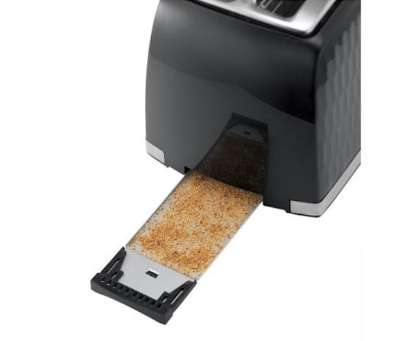 Black Russell Honeycomb Hobbs toaster showing crumb tray pulled out with crumbs visible.