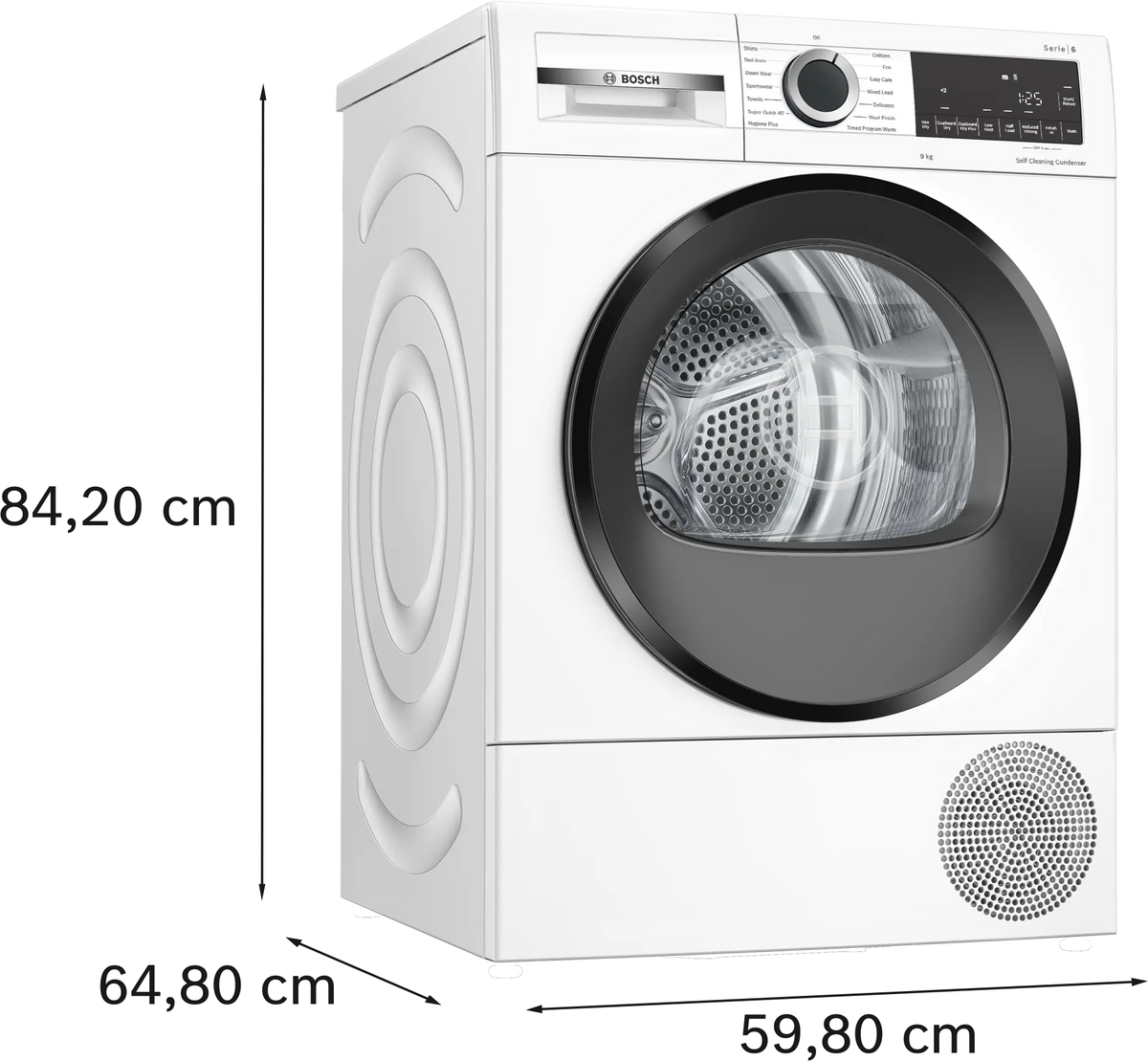 Bosch Serie 6 9KG heat pump tumble dryer in white, front and side view with control panel and door visible