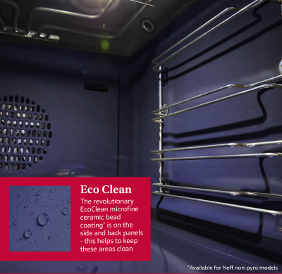 Interior view of NEFF Graphite N50 Slide & Hide oven showing EcoClean microfine ceramic bead coating on side and back panels.
