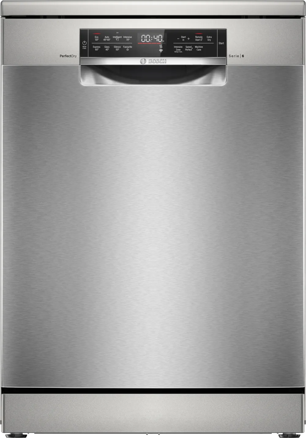 Bosch Series 6 freestanding dishwasher in brushed steel with digital display and handle on front panel