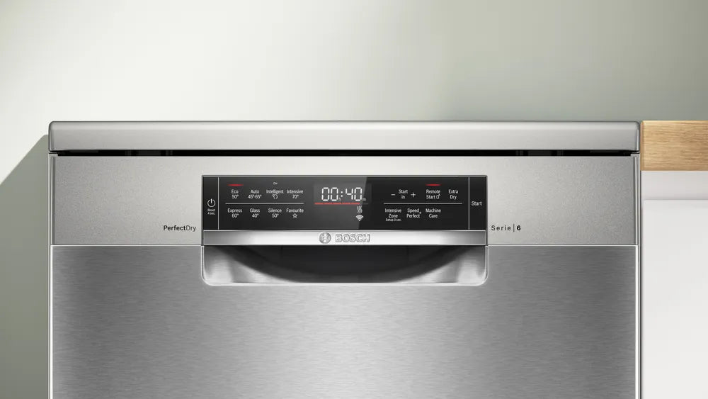 Bosch Series 6 dishwasher control panel in brushed steel with digital display showing 40-minute cycle time.