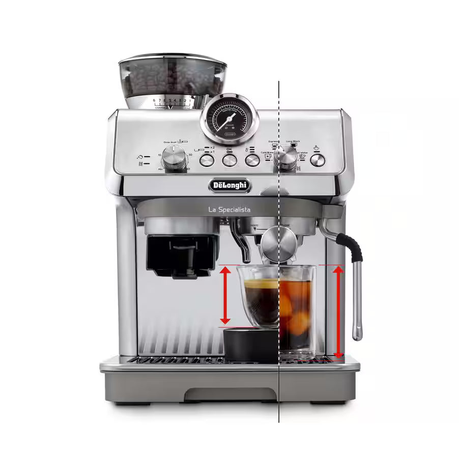 DeLonghi La Specialista Arte Evo espresso machine with dual coffee spouts and milk frother wand
