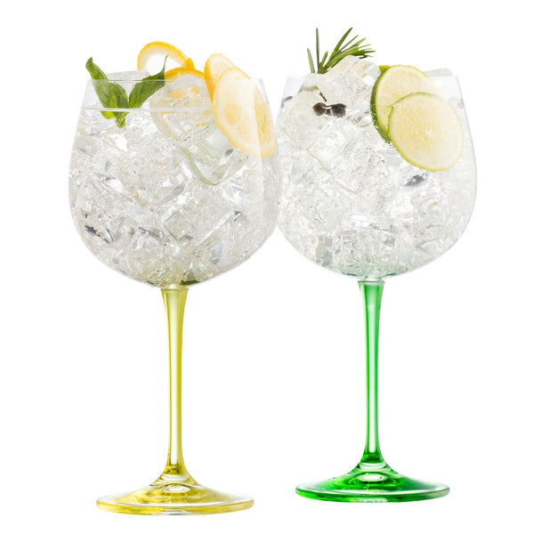 Set of 2 Galway Living Gin and Tonic glasses with lemon yellow and lime green stems, balloon shape, in gift box – Keans