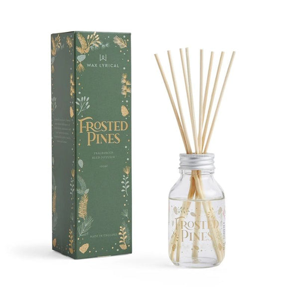 Wax Lyrical Frosted Pines 100ml reed diffuser with pine, cinnamon, vanilla scents, 8 reeds, available at Keans Claremorris.