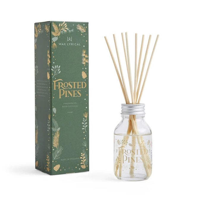 Wax Lyrical Frosted Pines 100ml reed diffuser with pine, cinnamon, vanilla scents, 8 reeds, available at Keans Claremorris.