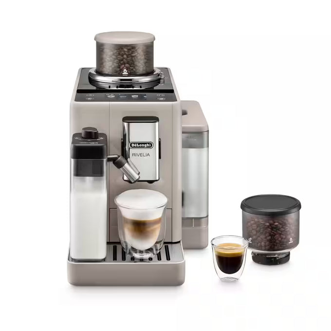De'Longhi coffee machine with two cups of coffee on a white background