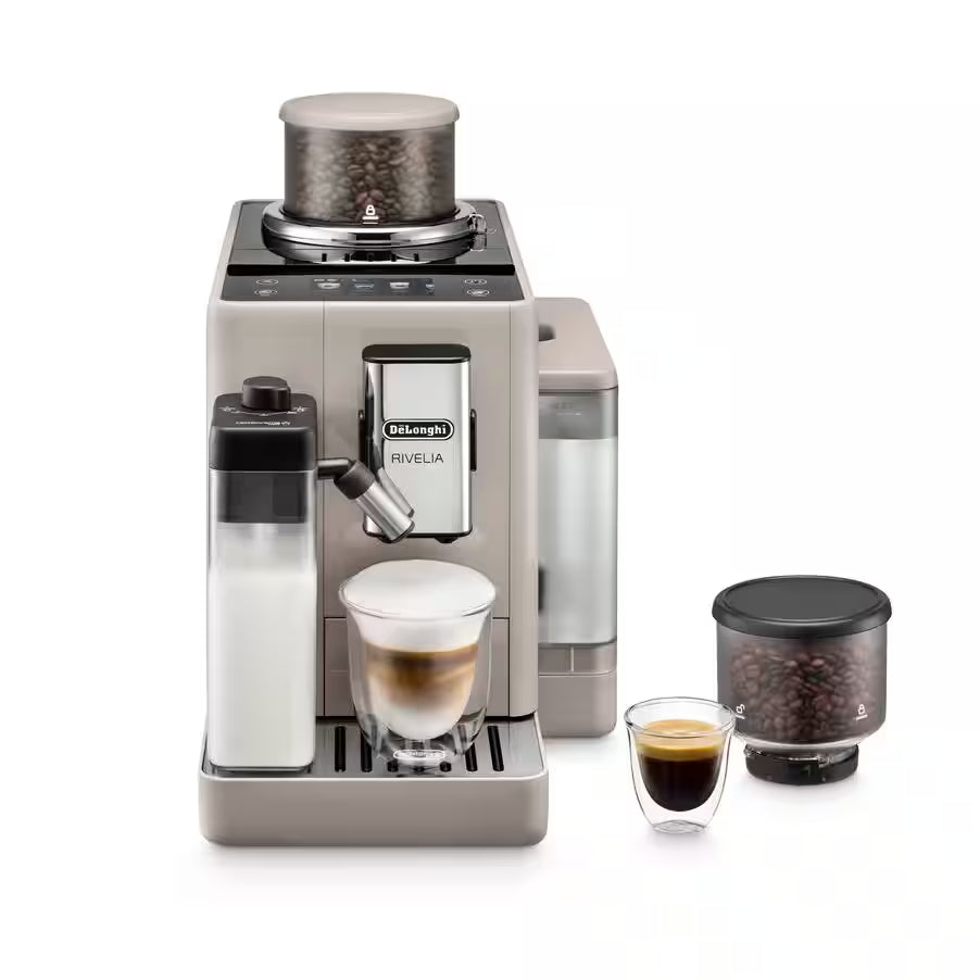 De'Longhi coffee machine with two cups of coffee on a white background