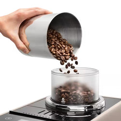 Hand pouring coffee beans into a coffee grinder on a white background