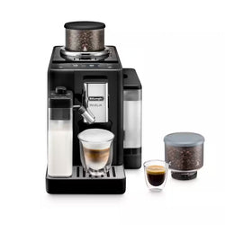 De'Longhi coffee machine with a glass of coffee and a container of coffee beans on a white background