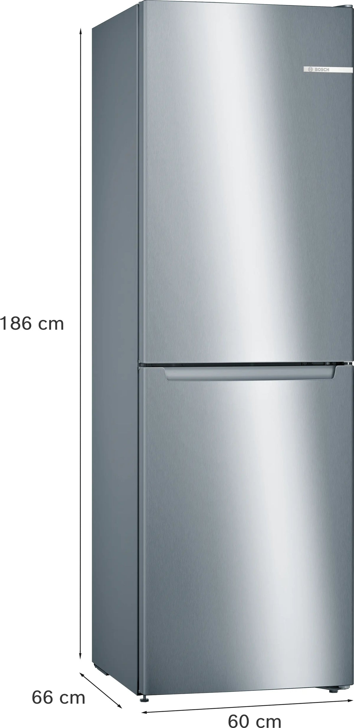 Bosch Series 2 freestanding fridge freezer in stainless steel with top fridge and bottom freezer compartments.