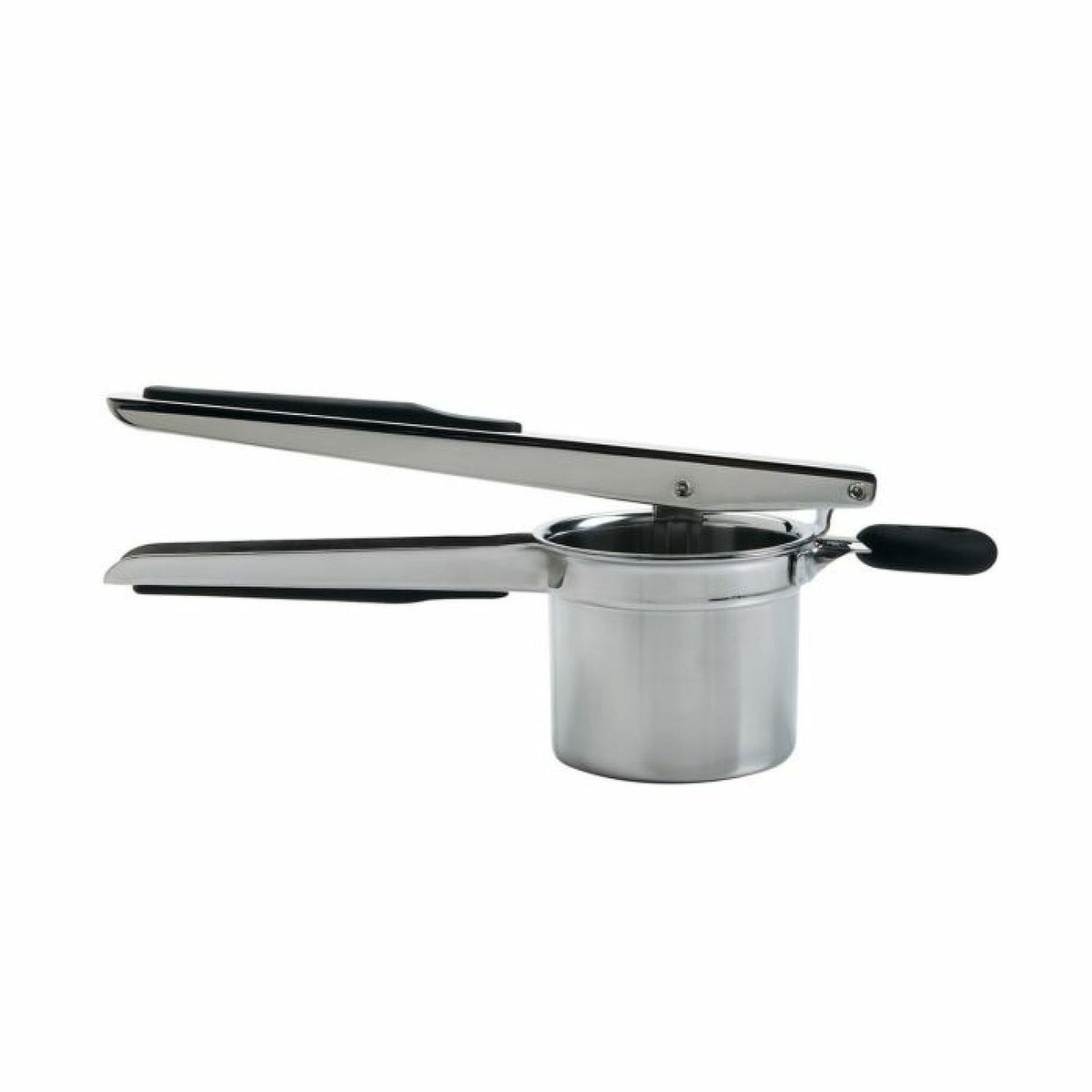 Oxo Good Grips stainless steel potato ricer with black non-slip handles on white background