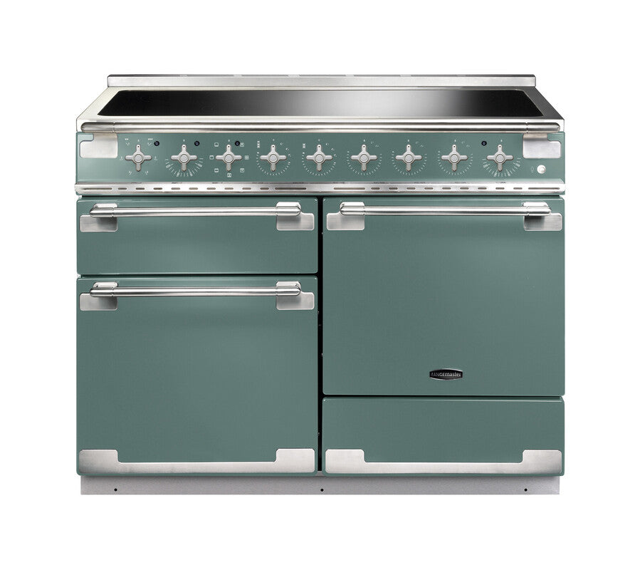 Rangemaster Elise 110 induction range cooker in green with multiple ovens and stainless steel handles and knobs.