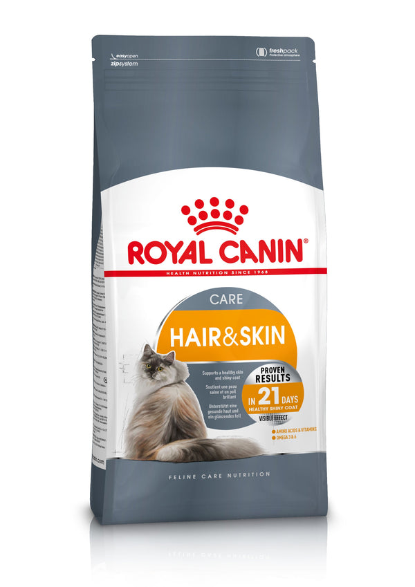 Royal Canin Hair & Skin Cat Food 400g with Omega 3 & 6 for shiny coat, available at Keans Claremorris.