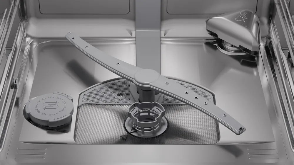 Interior view of Bosch Series 6 dishwasher showing spray arm and filter in brushed steel finish