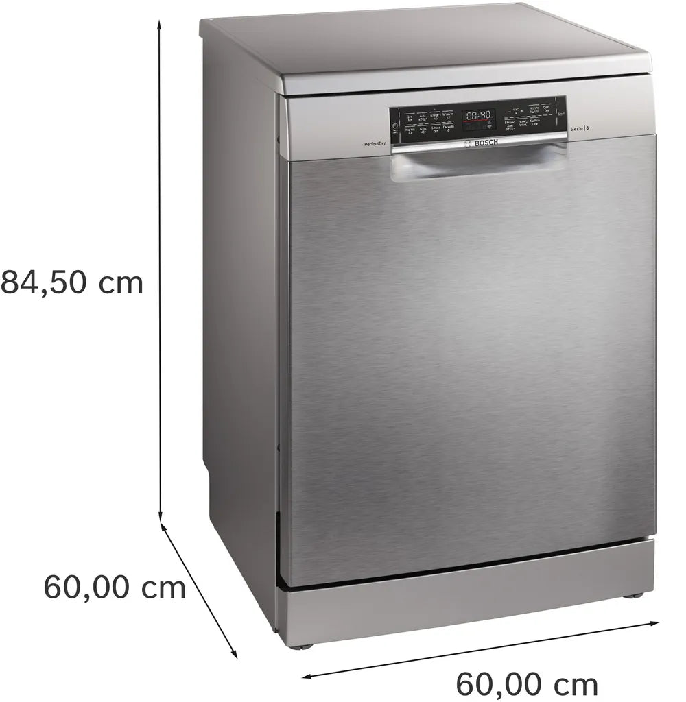 Bosch Series 6 freestanding dishwasher in brushed steel with digital display and anti-fingerprint finish, 60cm wide.