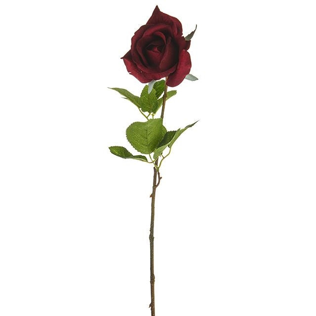 Artificial Clumber Red Rose with deep red bloom and green leaves on a long slender stem against white background.