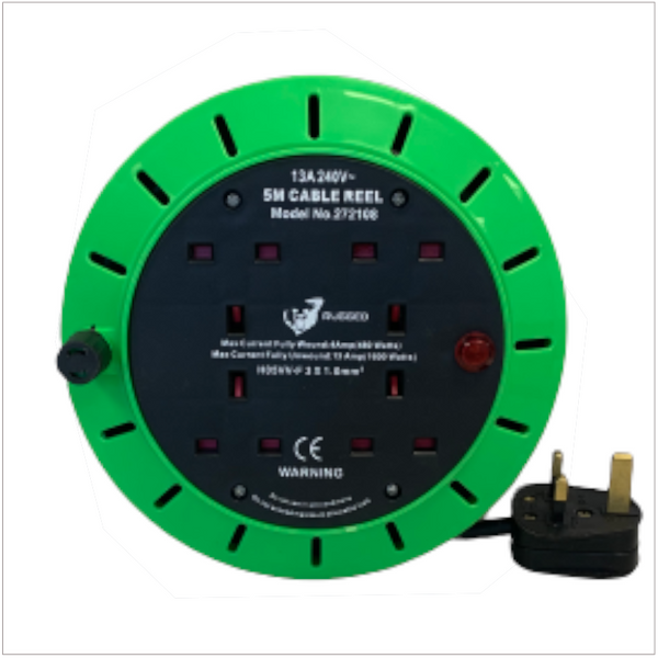 5 Mtr 13A 4 Socket Cassette Reel power extension cable, durable and versatile – available at Keans Claremorris.
