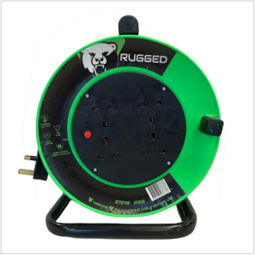 25m 13A 4 socket cable reel with 1.25mm cable, green moulding, 480W unwound, 1600W wound - Keans Claremorris