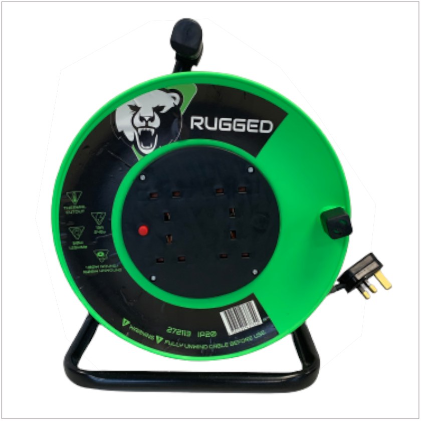 50m 13A 4-socket cable reel with 1.25mm cable, thermal cutout, green moulding – Keans Claremorris