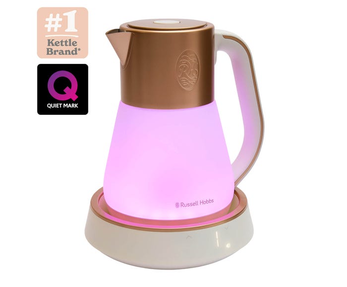 Russell Hobbs Calm Kettle with smooth boil technology, sleek white design - available at Keans Claremorris.