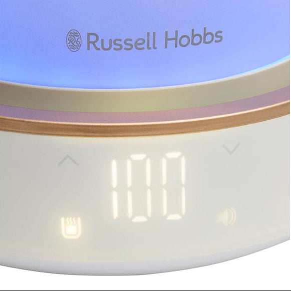Russell Hobbs Calm Kettle with quiet boil technology, sleek white design – available at Keans Claremorris.