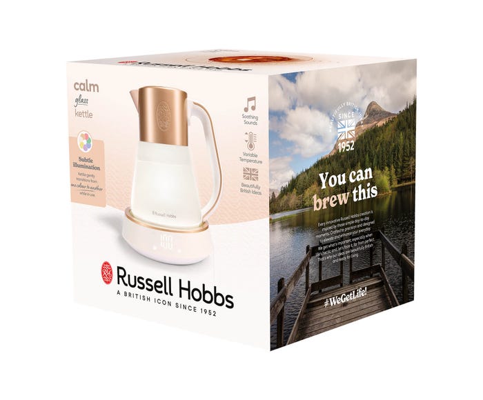 Russell Hobbs Calm Kettle in white with smooth finish, fast boil, 1.7L capacity – available at Keans Claremorris.