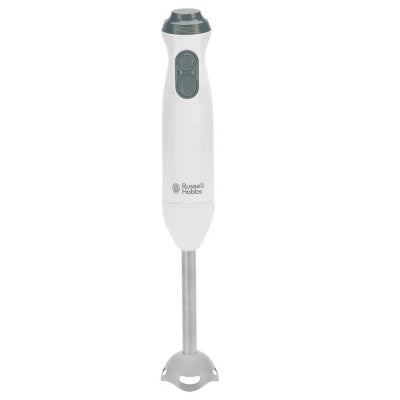 Russel Hobbs Stick Hand Blender 3n1 in white with stainless steel blending shaft and two speed buttons.