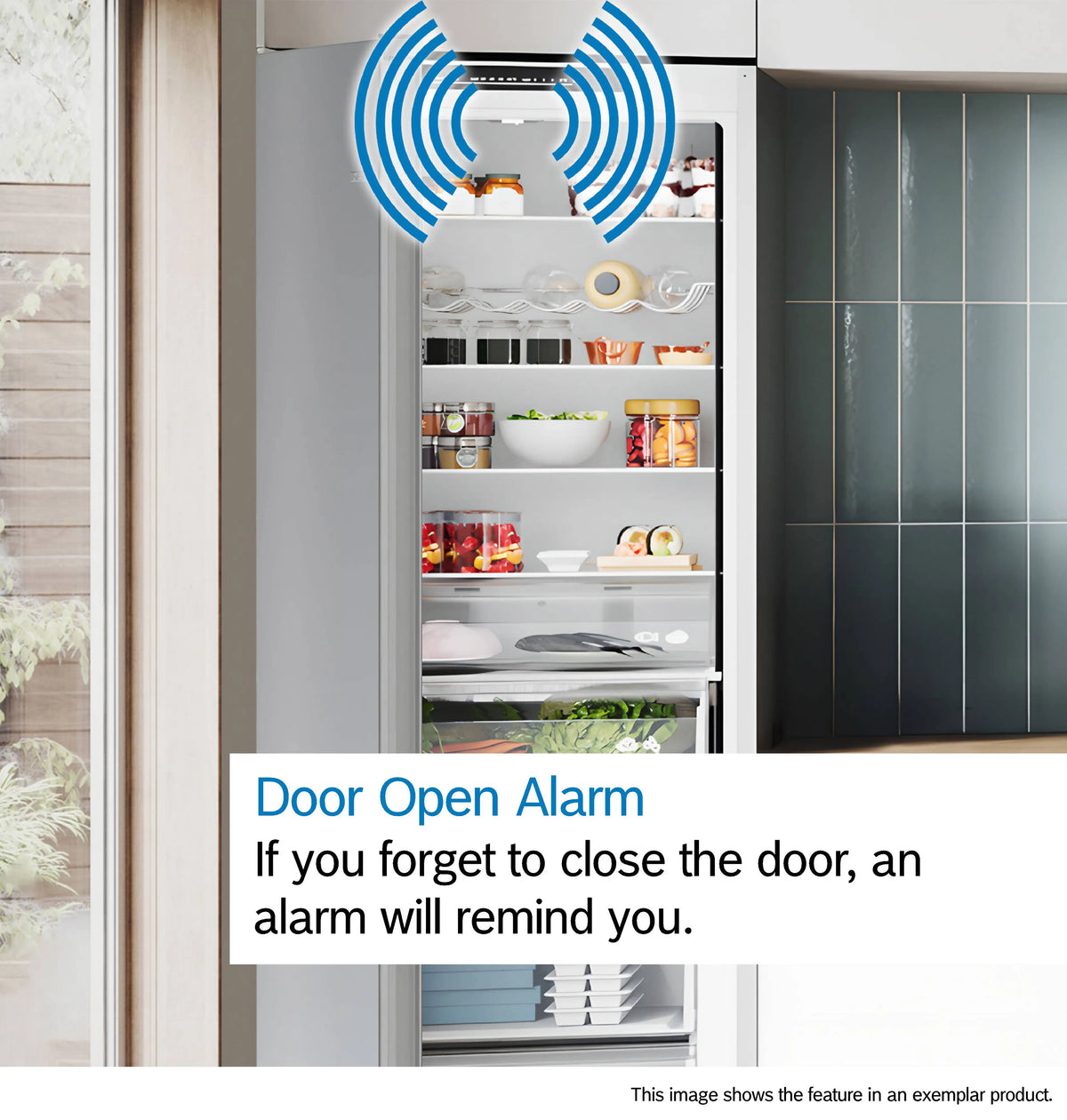 Open Bosch Series 2 fridge freezer door showing interior shelves with food and blue alarm signal icon above.