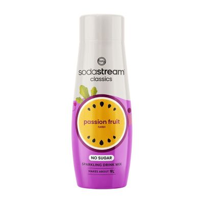 SodaStream Classics Zero Passionfruit Flavour syrup bottle, purple label with passionfruit graphic, 440ml.