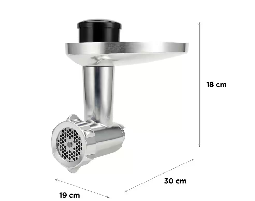 Kenwood Meat Grinder Attachment KAX950ME in stainless steel with black plastic pusher and size dimensions.