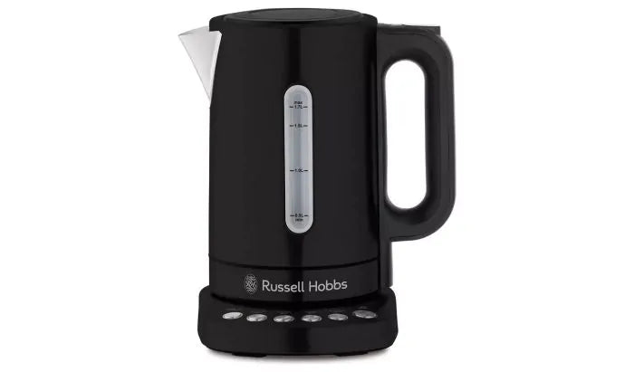 Russel Hobbs Addison matte black kettle with water level indicator and temperature control buttons on base.