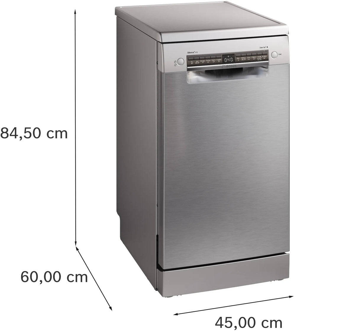 Bosch Series 4 Slimline dishwasher in silver, showing front panel with digital display and dimensions.