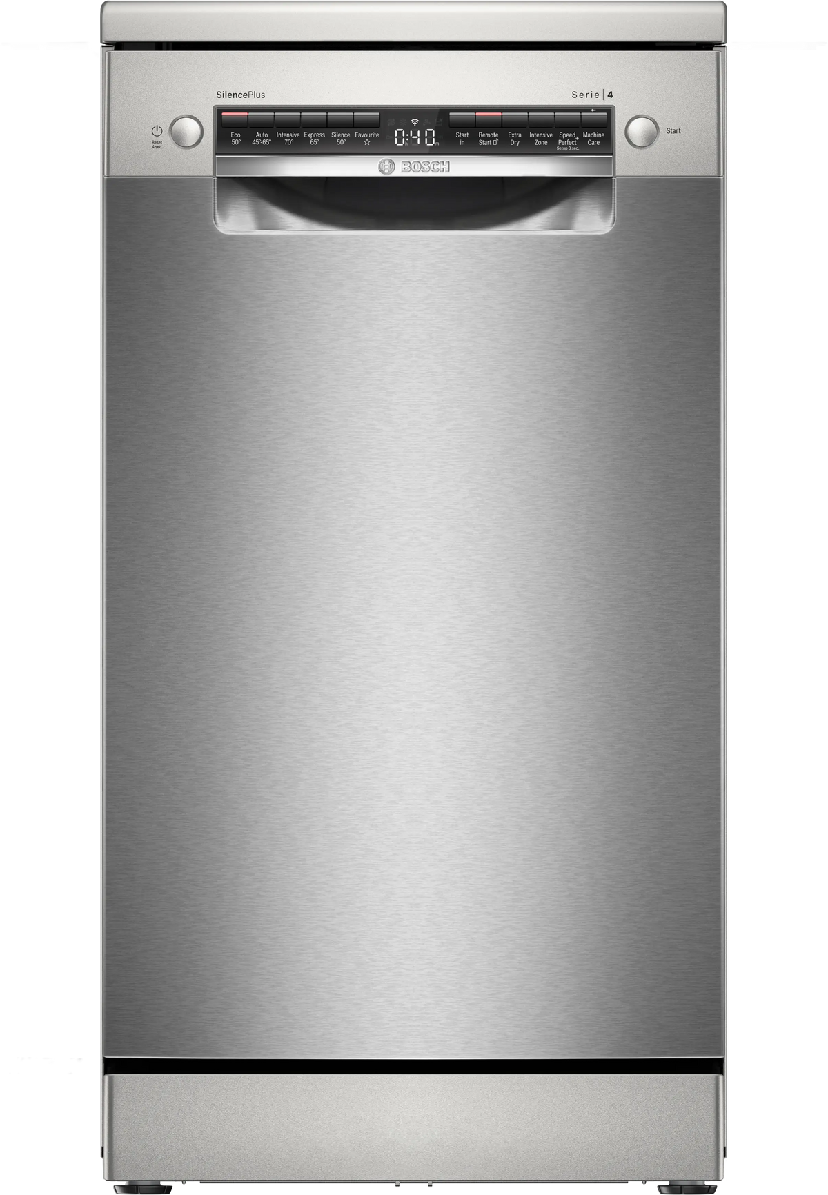 Bosch Series 4 freestanding dishwasher in brushed steel with digital display and control buttons on top panel