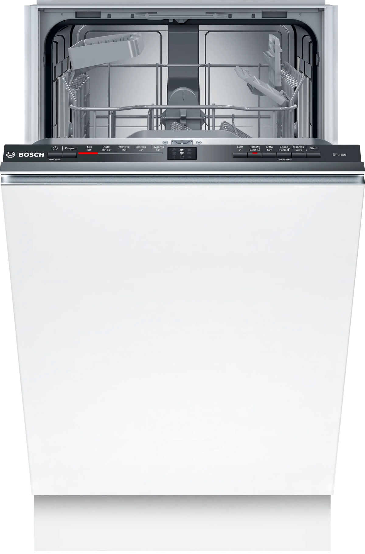 Bosch Series 2 45cm fully integrated dishwasher with open door showing empty Vario Flex basket and control panel