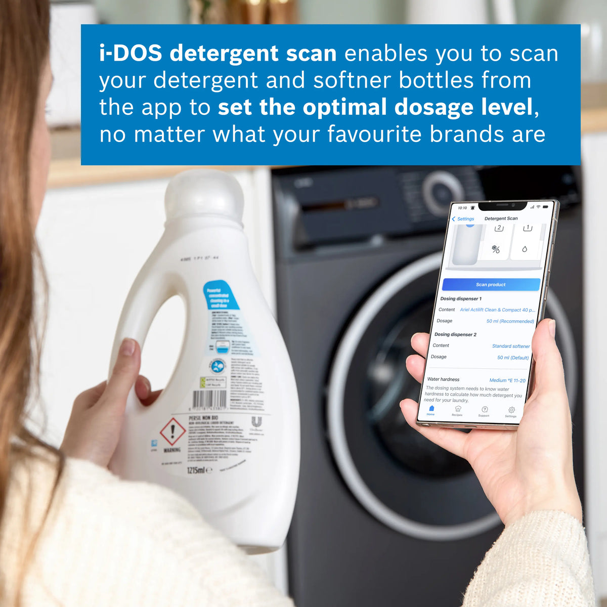 Person holding detergent bottle and smartphone with app in front of Bosch Series 6 washing machine