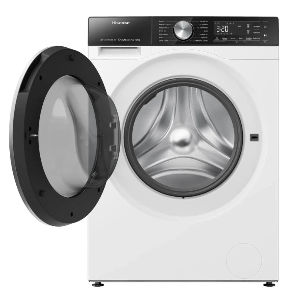 Hisense 5S Series 12 kg washing machine in white with open front door and digital control panel showing 3:20 timer.